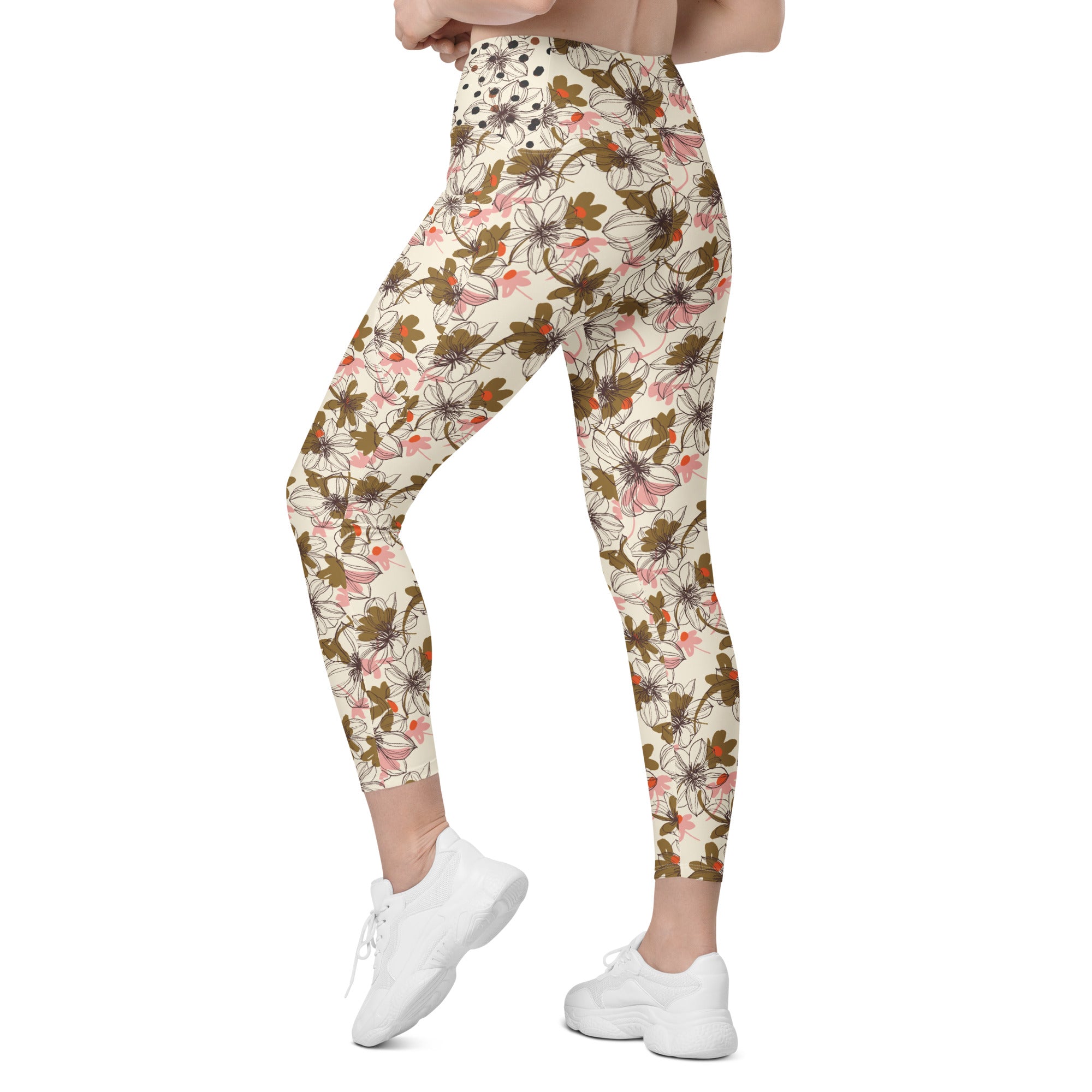 Cream, Pink and Brown Crossover leggings with pockets