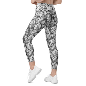 Black and White Blurred Flowers Crossover leggings with pockets