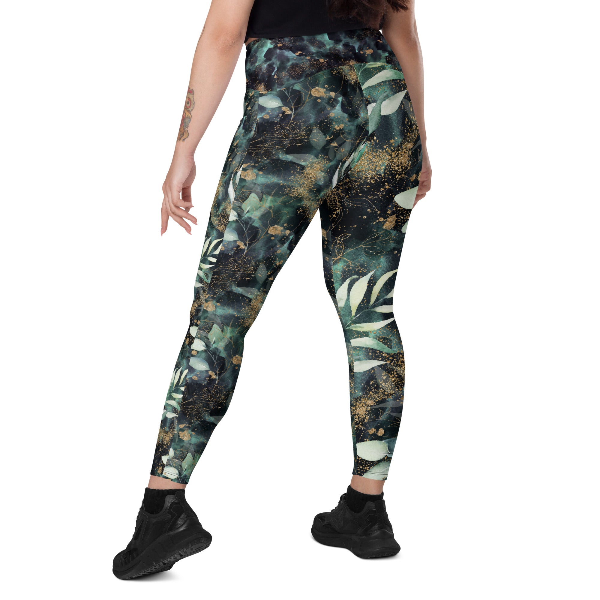 Turquoise Leaves Gold Spatters Crossover leggings with pockets