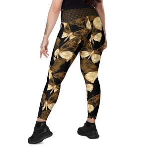 Black and Gold Butterflies Crossover leggings with pockets