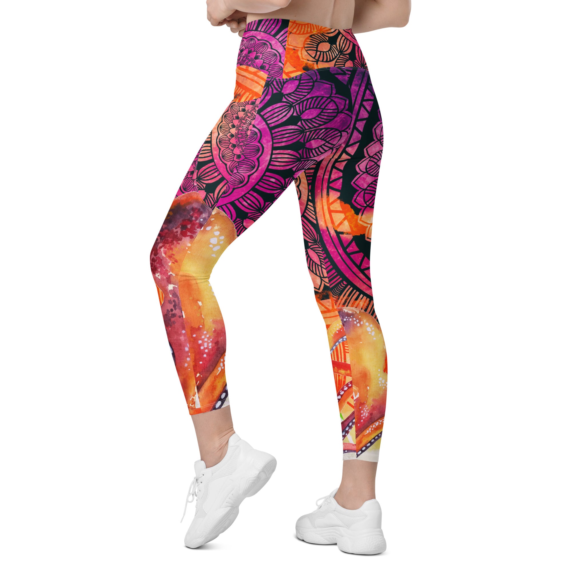 Orange Purple Mandala Crossover leggings with pockets