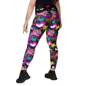 Neon Hearts on Black Crossover leggings with pockets