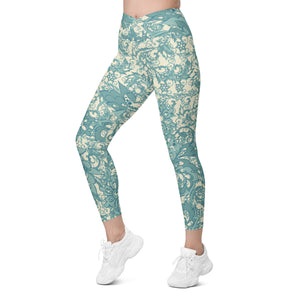 Teal Flowers and Swirls on Cream Crossover leggings with pockets