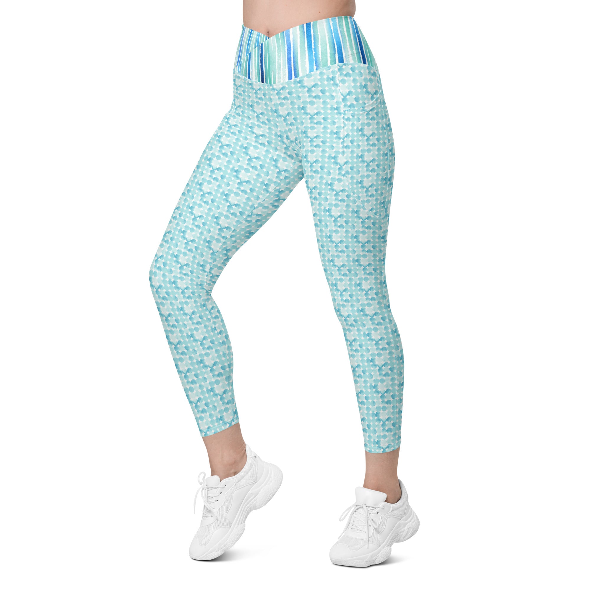 Turquoise Watercolor Dots and Stripes Crossover leggings with pockets