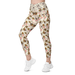 Cream, Pink and Brown Crossover leggings with pockets