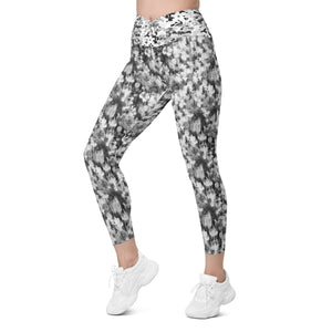 Black and White Blurred Flowers Crossover leggings with pockets