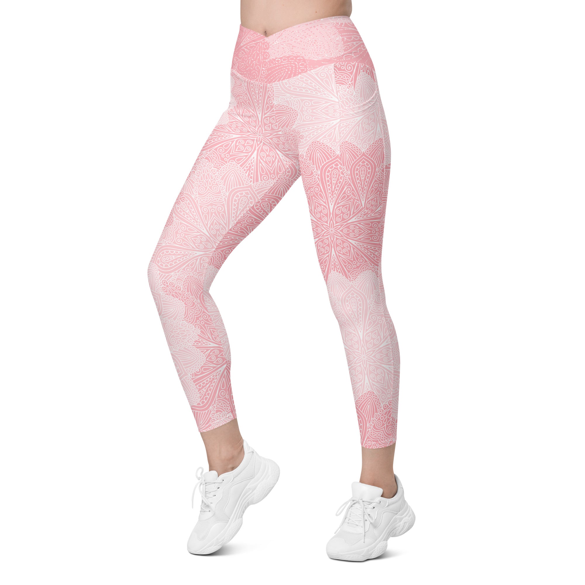 Pink and White Floral Crossover leggings with pockets