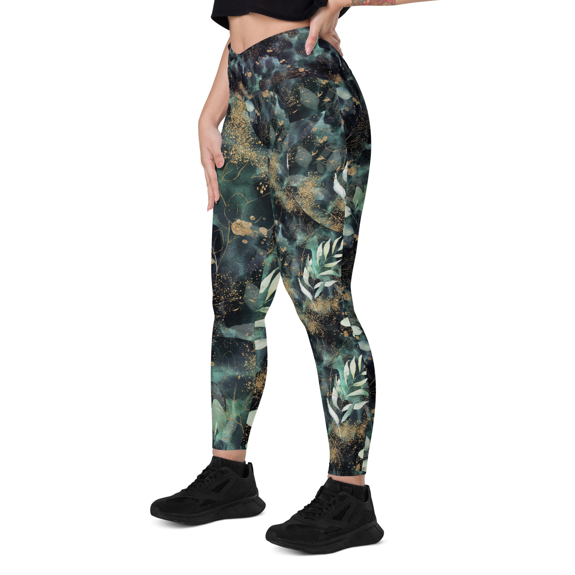 Turquoise Leaves Gold Spatters Crossover leggings with pockets