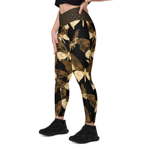 Black and Gold Butterflies Crossover leggings with pockets