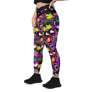 Neon Hearts on Black Crossover leggings with pockets