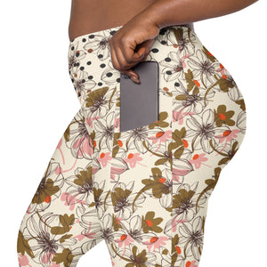 Cream, Pink and Brown Crossover leggings with pockets