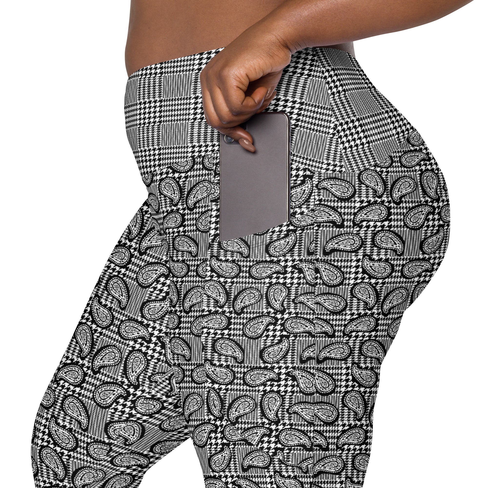 Black Houndstooth and Paisley Crossover leggings with pockets