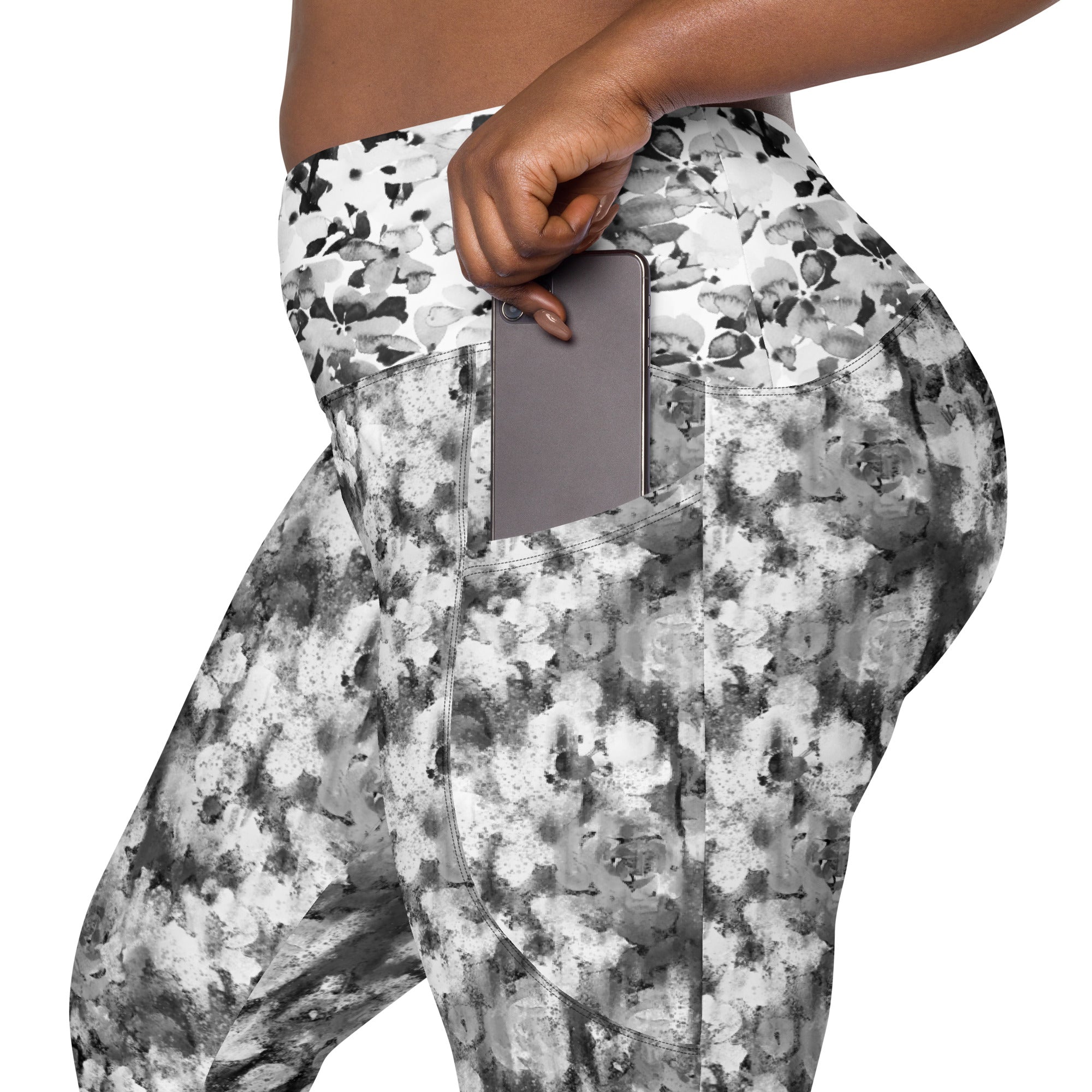 Black and White Blurred Flowers Crossover leggings with pockets