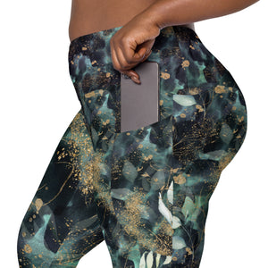 Turquoise Leaves Gold Spatters Crossover leggings with pockets