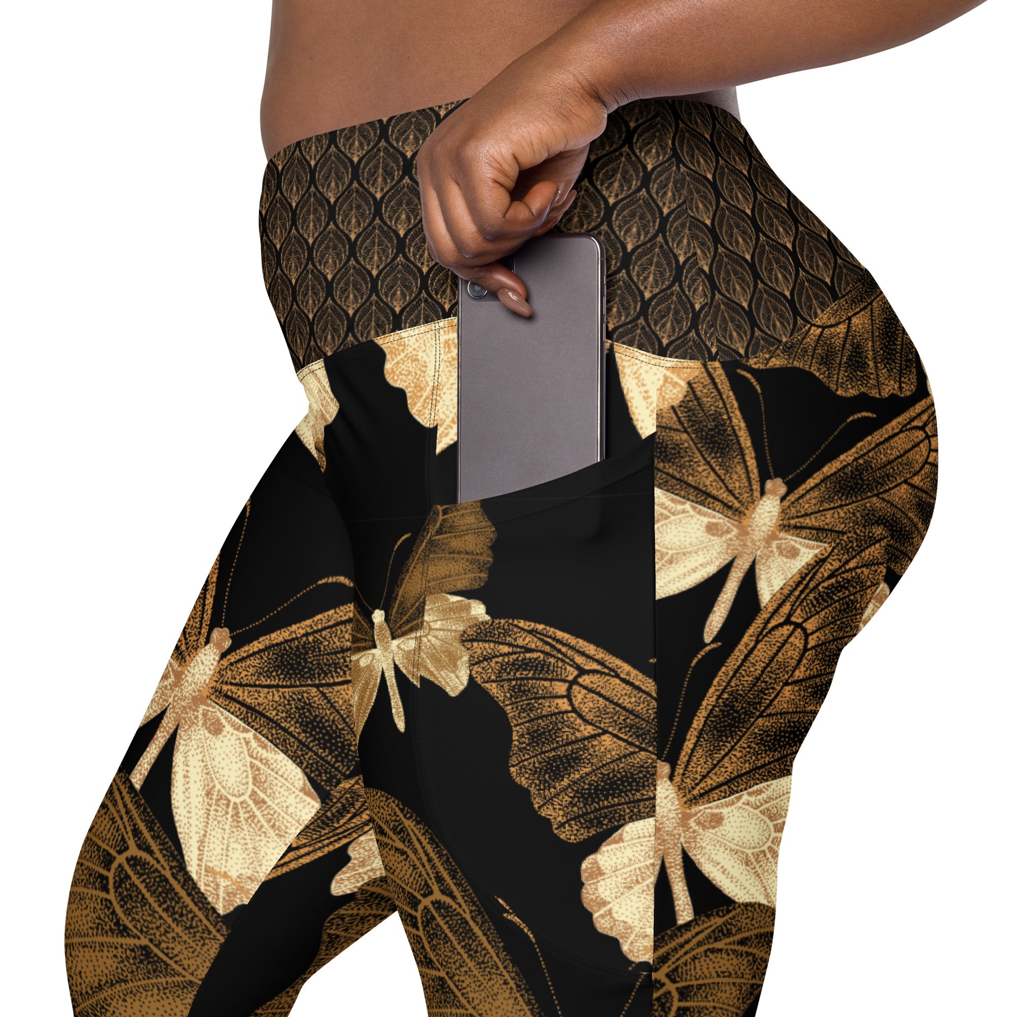 Black and Gold Butterflies Crossover leggings with pockets