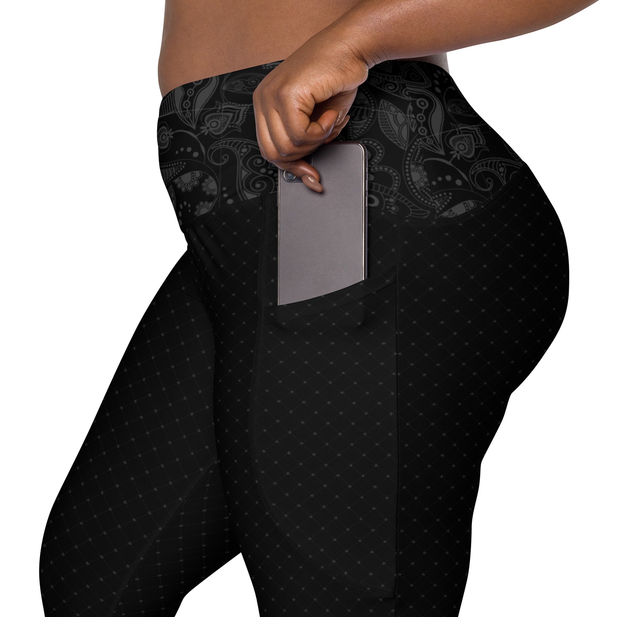 Black and Gray Fleur Crossover leggings with pockets