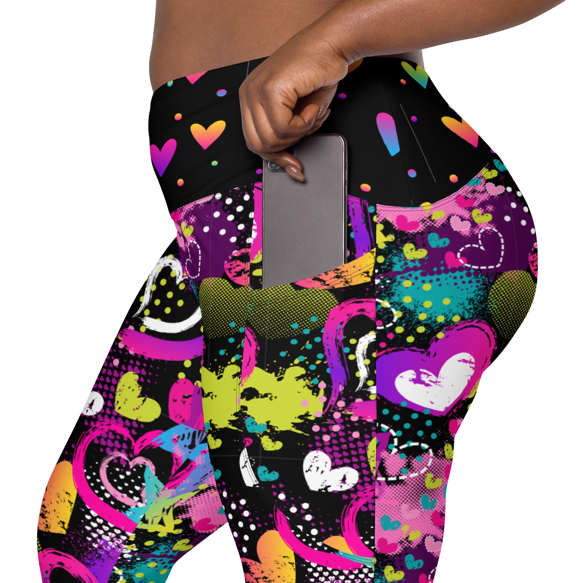 Neon Hearts on Black Crossover leggings with pockets