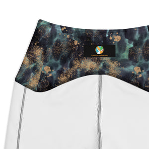 Turquoise Leaves Gold Spatters Crossover leggings with pockets