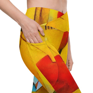 Abstract Yellow Crossover leggings with pockets