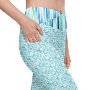 Turquoise Watercolor Dots and Stripes Crossover leggings with pockets