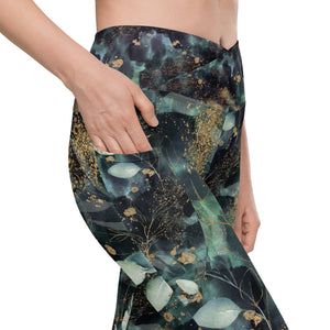 Turquoise Leaves Gold Spatters Crossover leggings with pockets