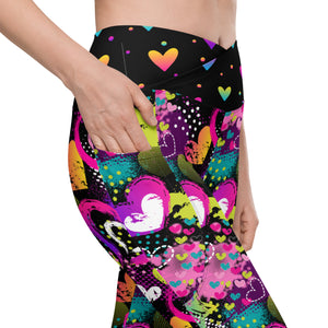 Neon Hearts on Black Crossover leggings with pockets