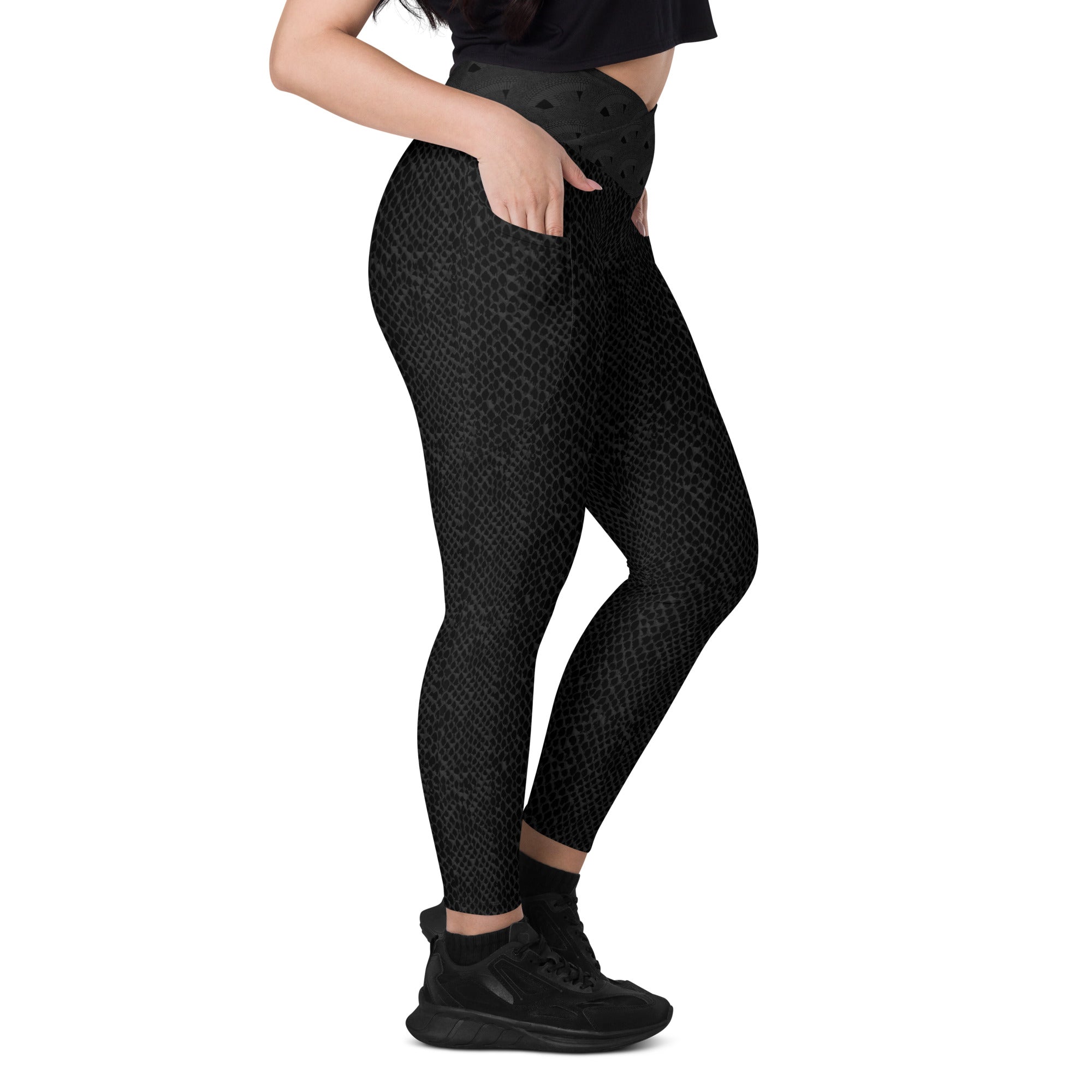 Black "Snakeskin" Crossover leggings with pockets