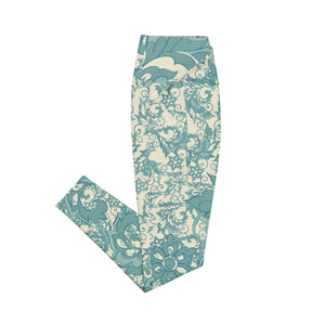 Teal Flowers and Swirls on Cream Crossover leggings with pockets