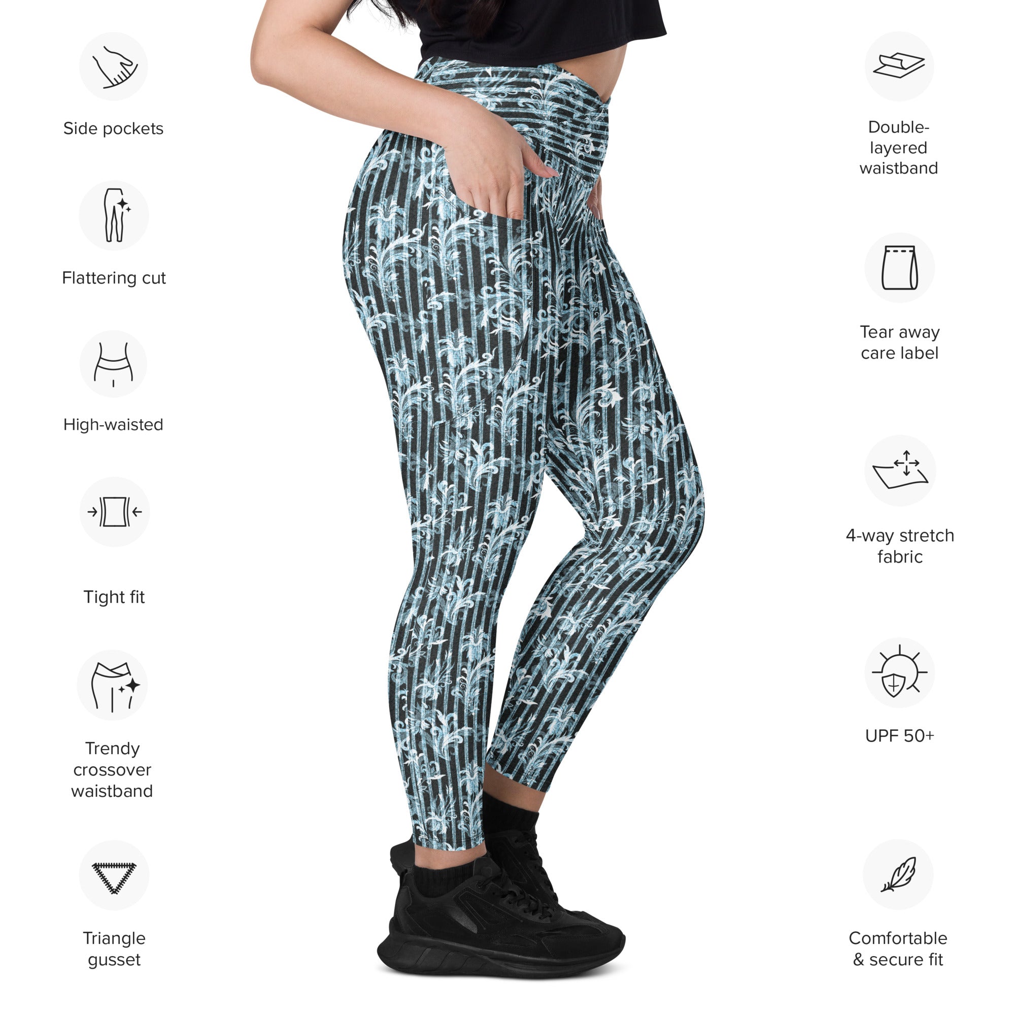 Denim Fleurs Crossover leggings with pockets