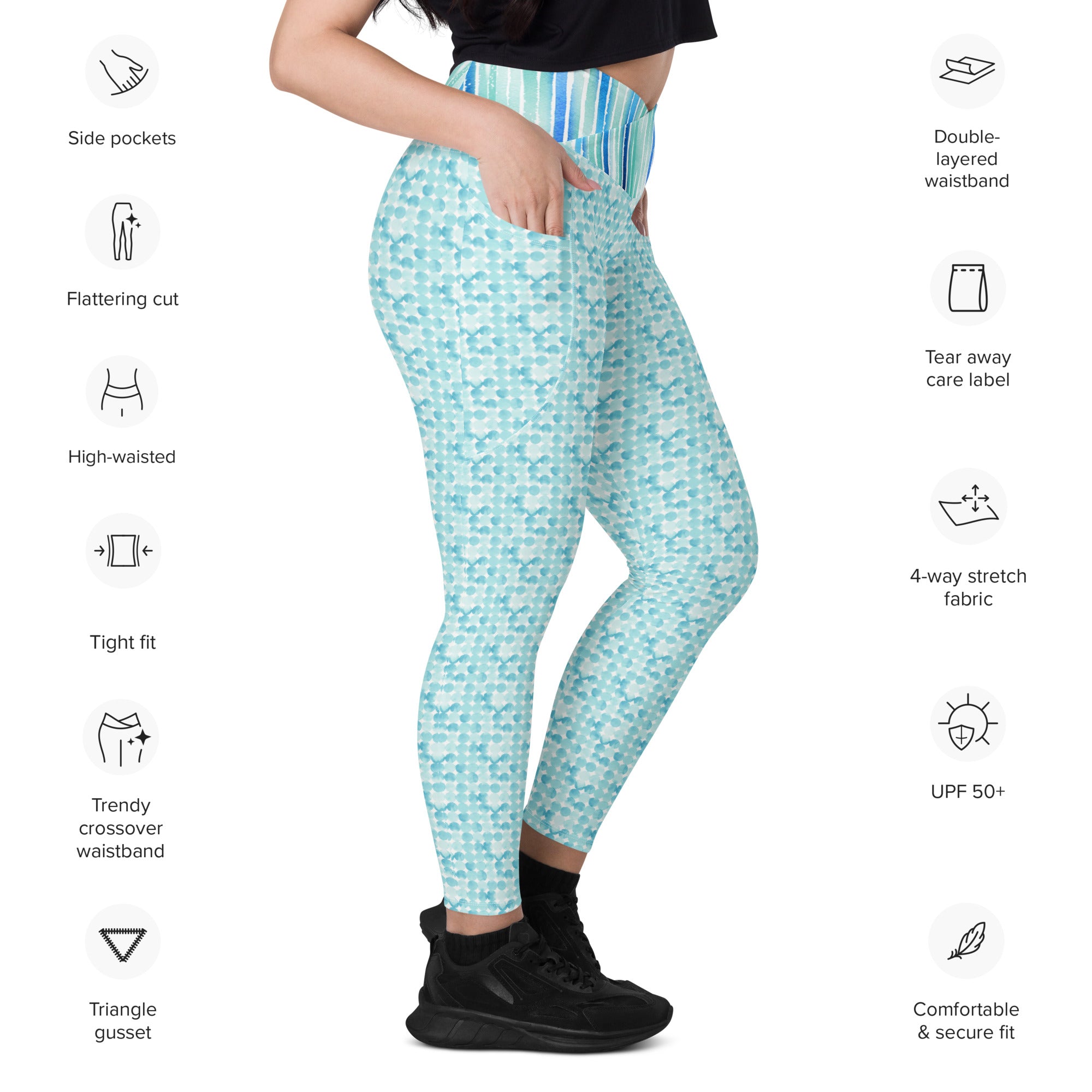 Turquoise Watercolor Dots and Stripes Crossover leggings with pockets