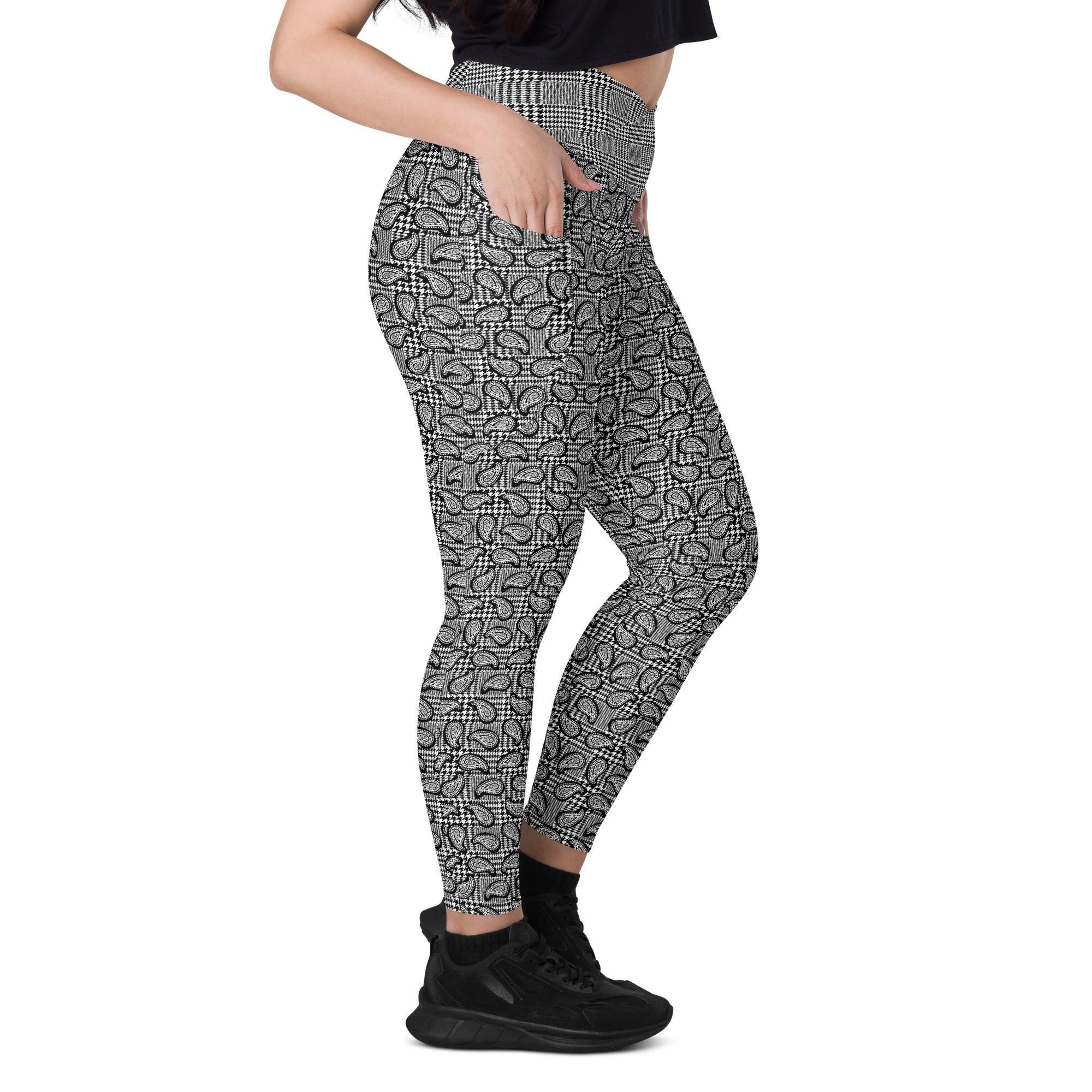 Black Houndstooth and Paisley Crossover leggings with pockets