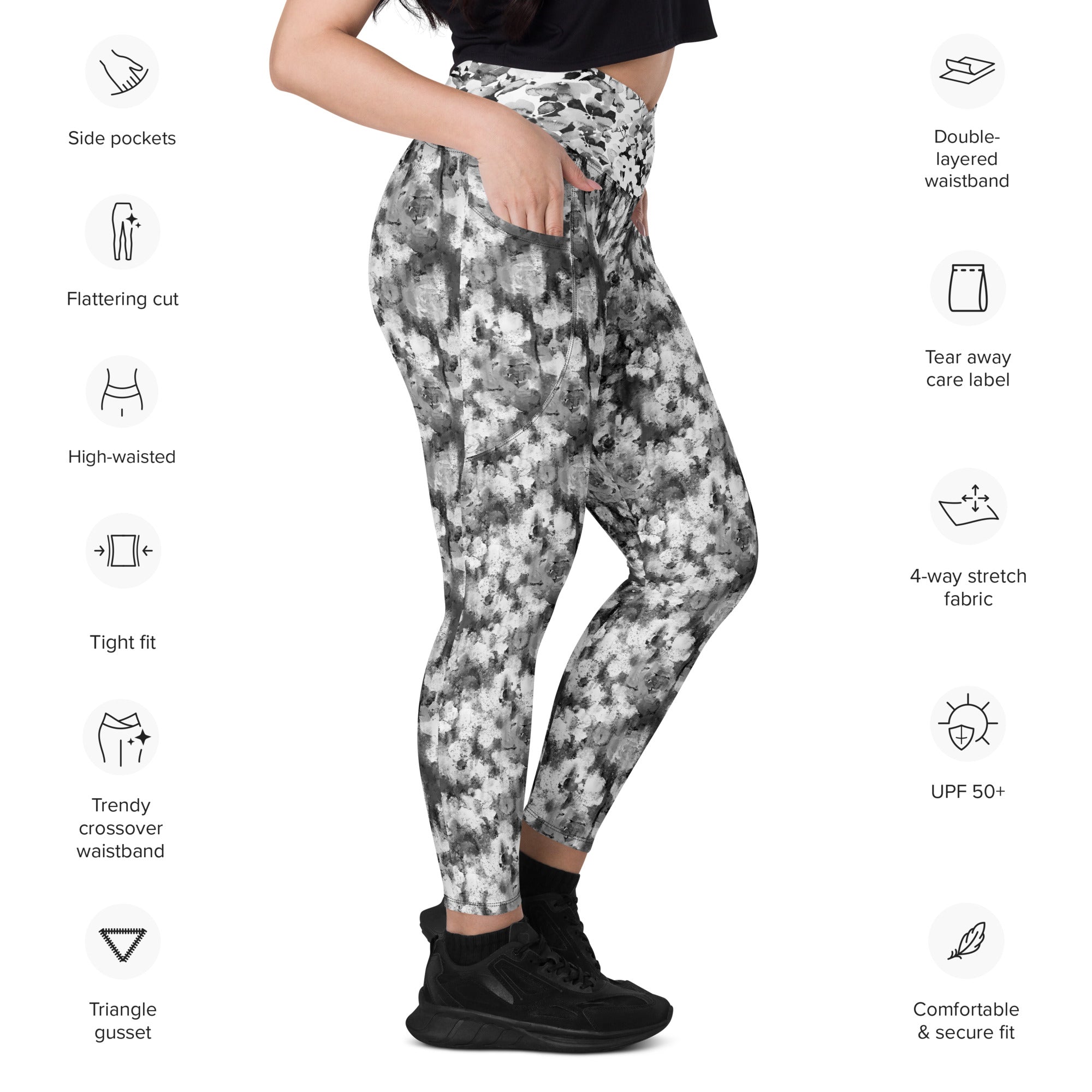 Black and White Blurred Flowers Crossover leggings with pockets