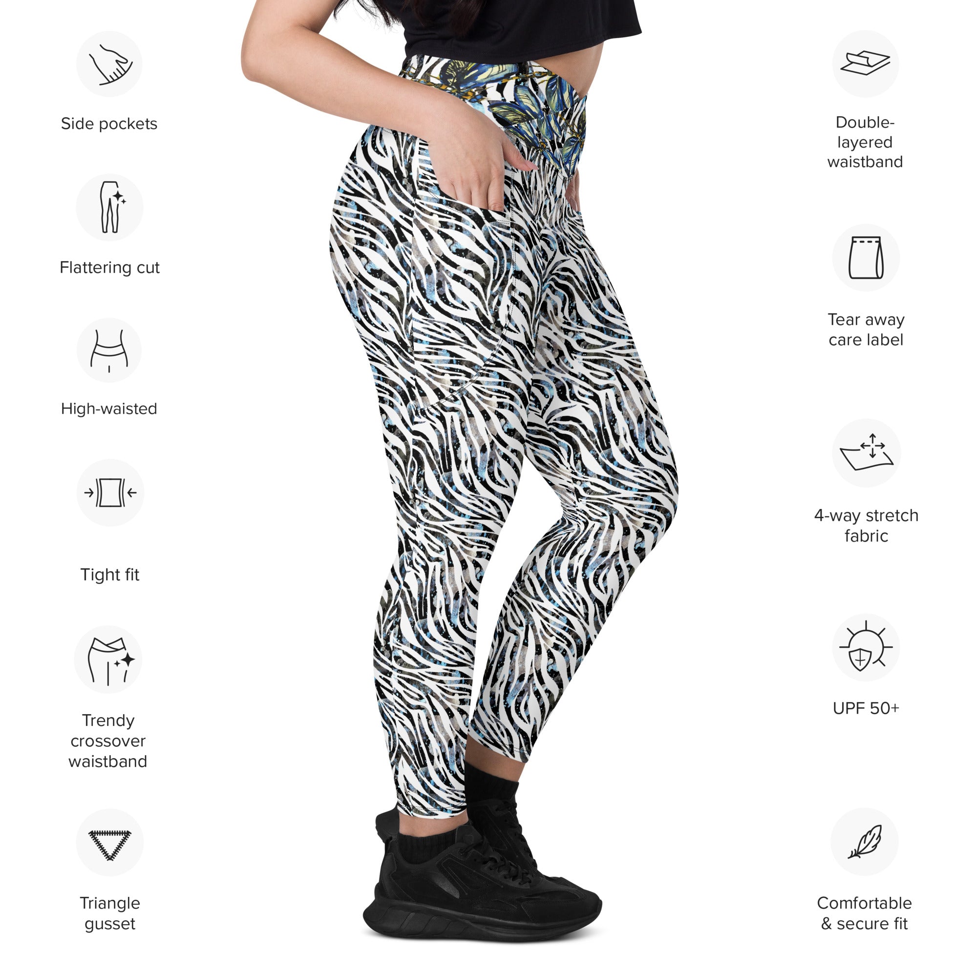 Zebra Dragonflies Crossover leggings with pockets