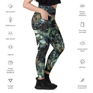 Turquoise Leaves Gold Spatters Crossover leggings with pockets