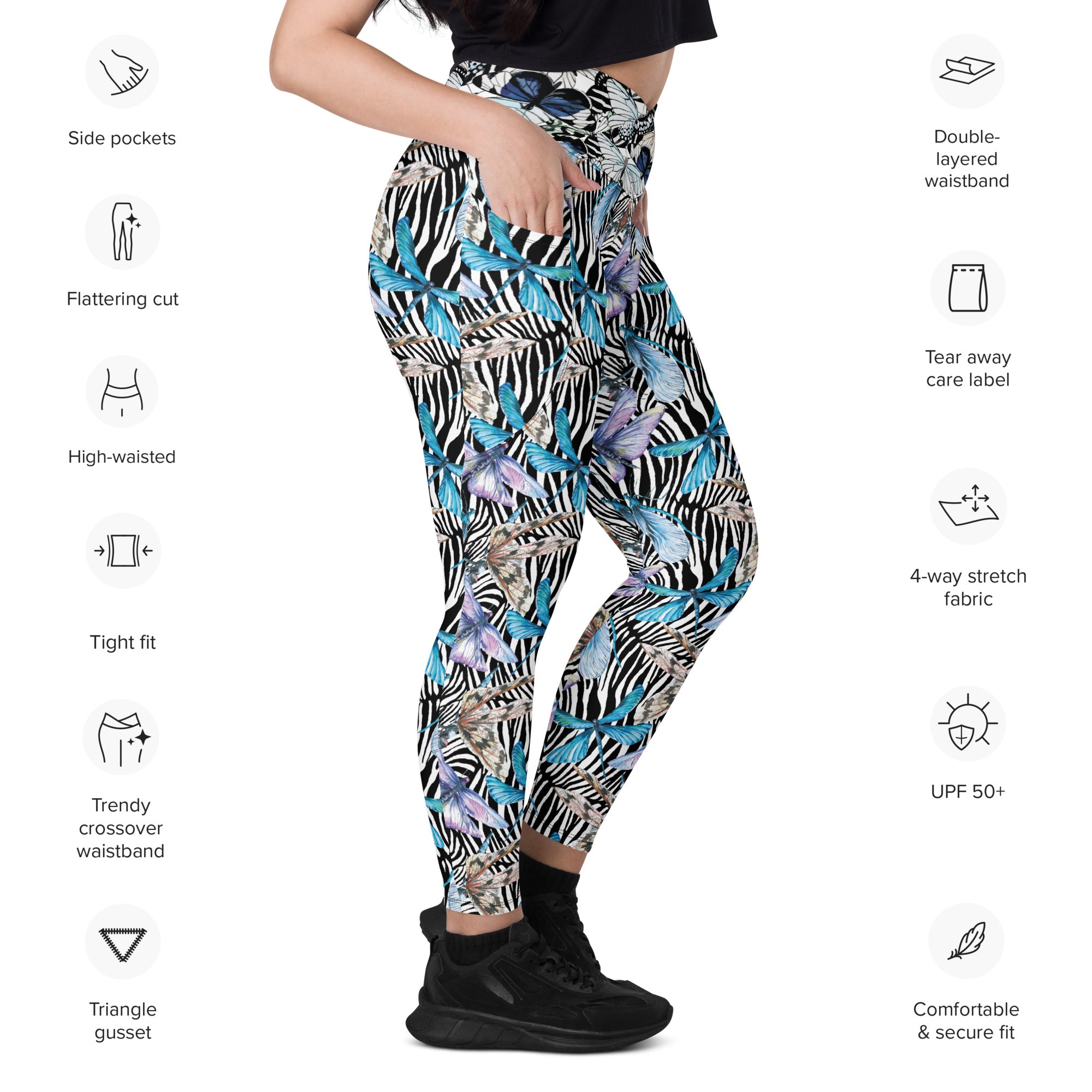 Zebra Butterflies Crossover leggings with pockets