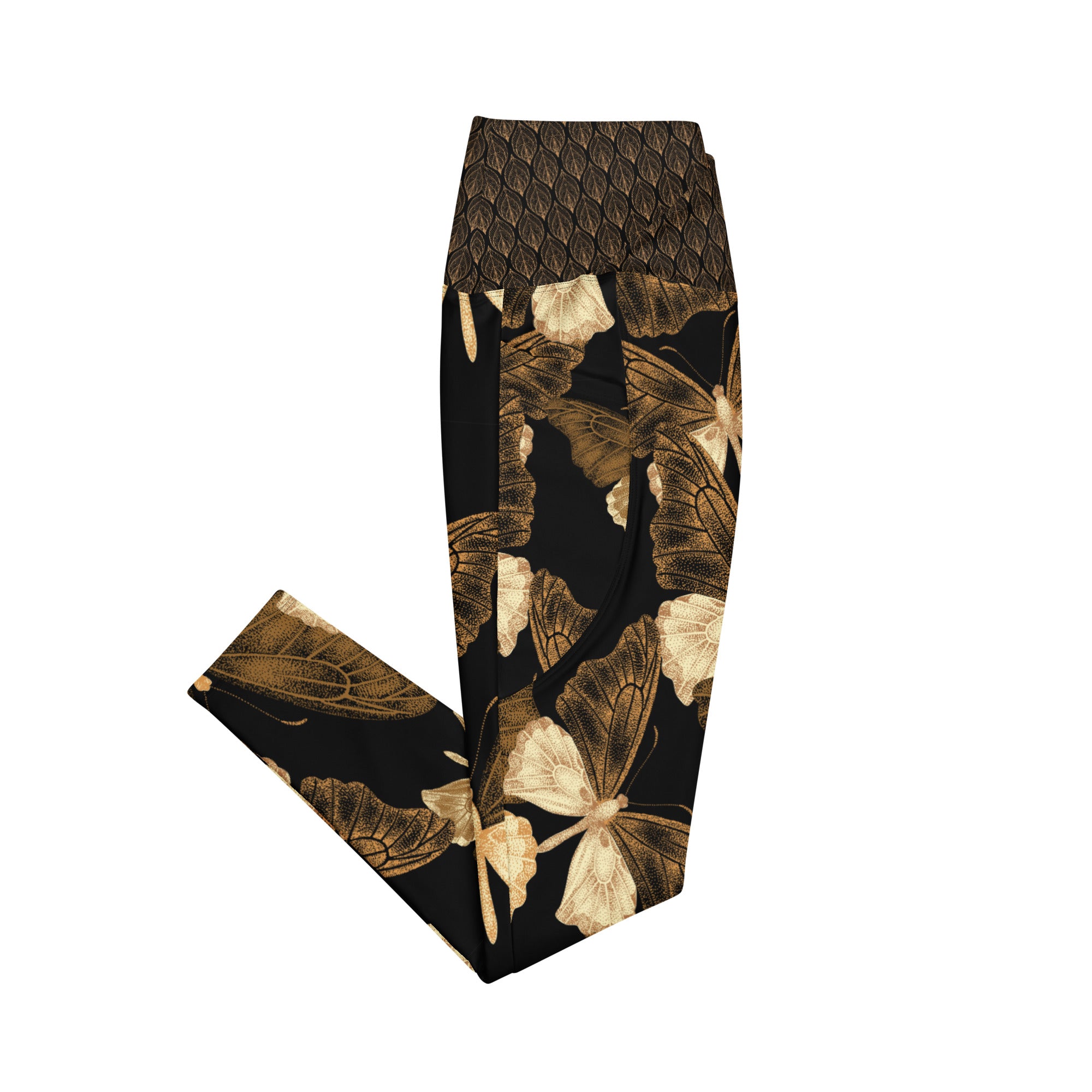 Black and Gold Butterflies Crossover leggings with pockets