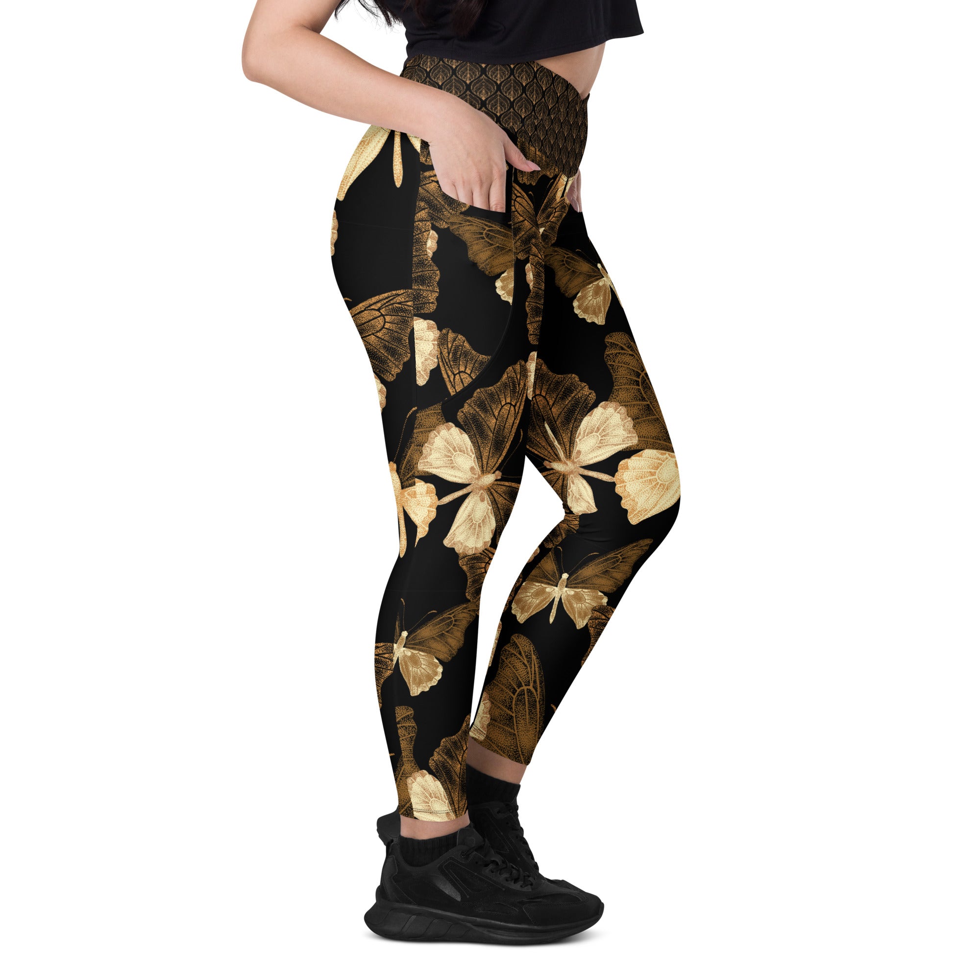 Black and Gold Butterflies Crossover leggings with pockets