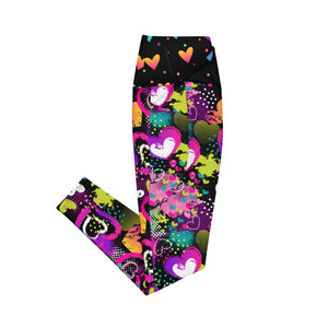 Neon Hearts on Black Crossover leggings with pockets