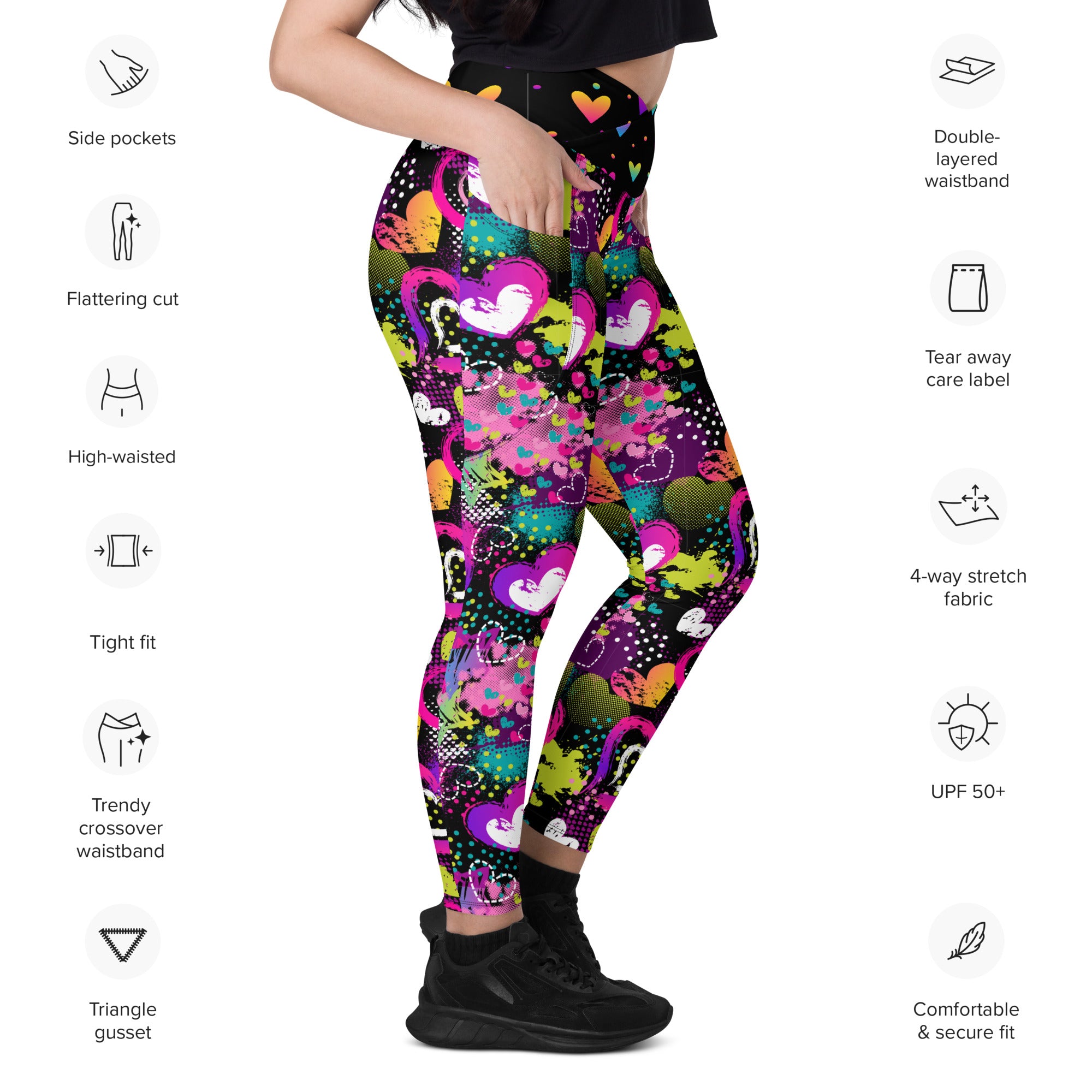 Neon Hearts on Black Crossover leggings with pockets