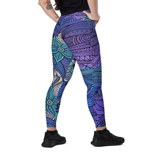 Purple Blue Swirls Crossover leggings with pockets