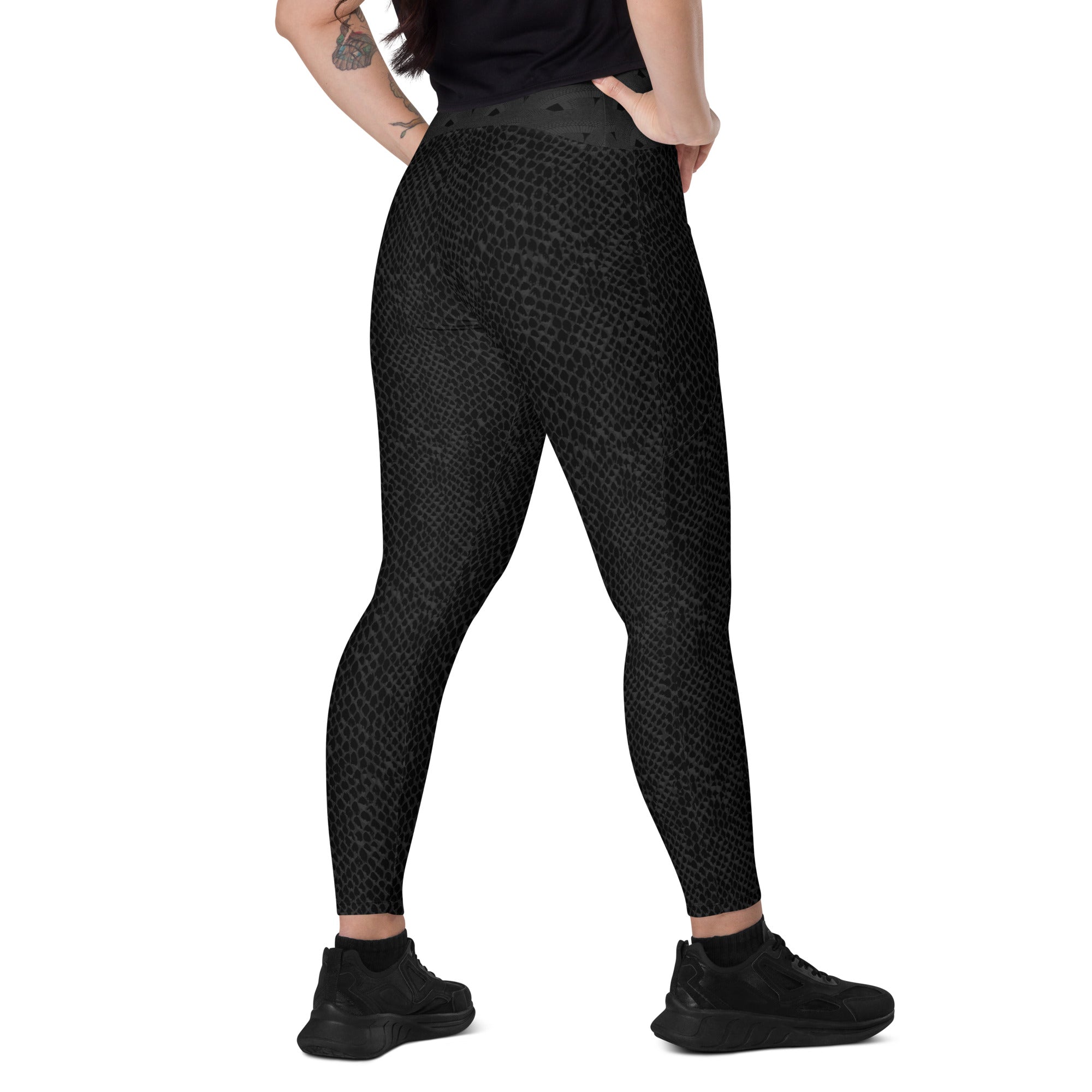 Black "Snakeskin" Crossover leggings with pockets