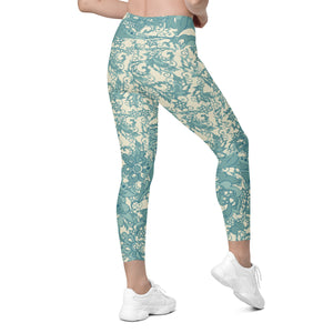 Teal Flowers and Swirls on Cream Crossover leggings with pockets