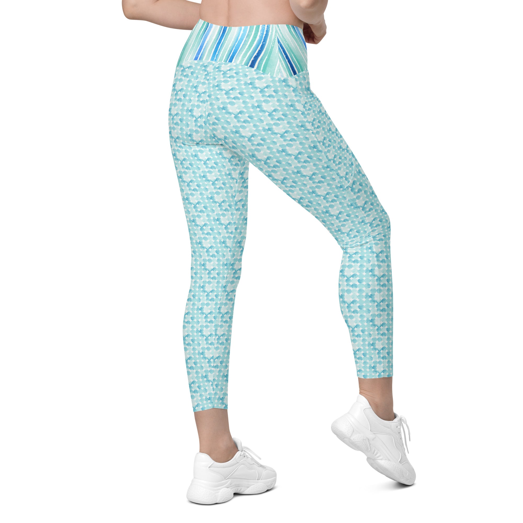 Turquoise Watercolor Dots and Stripes Crossover leggings with pockets