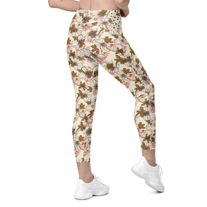 Cream, Pink and Brown Crossover leggings with pockets