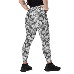 Black and White Blurred Flowers Crossover leggings with pockets