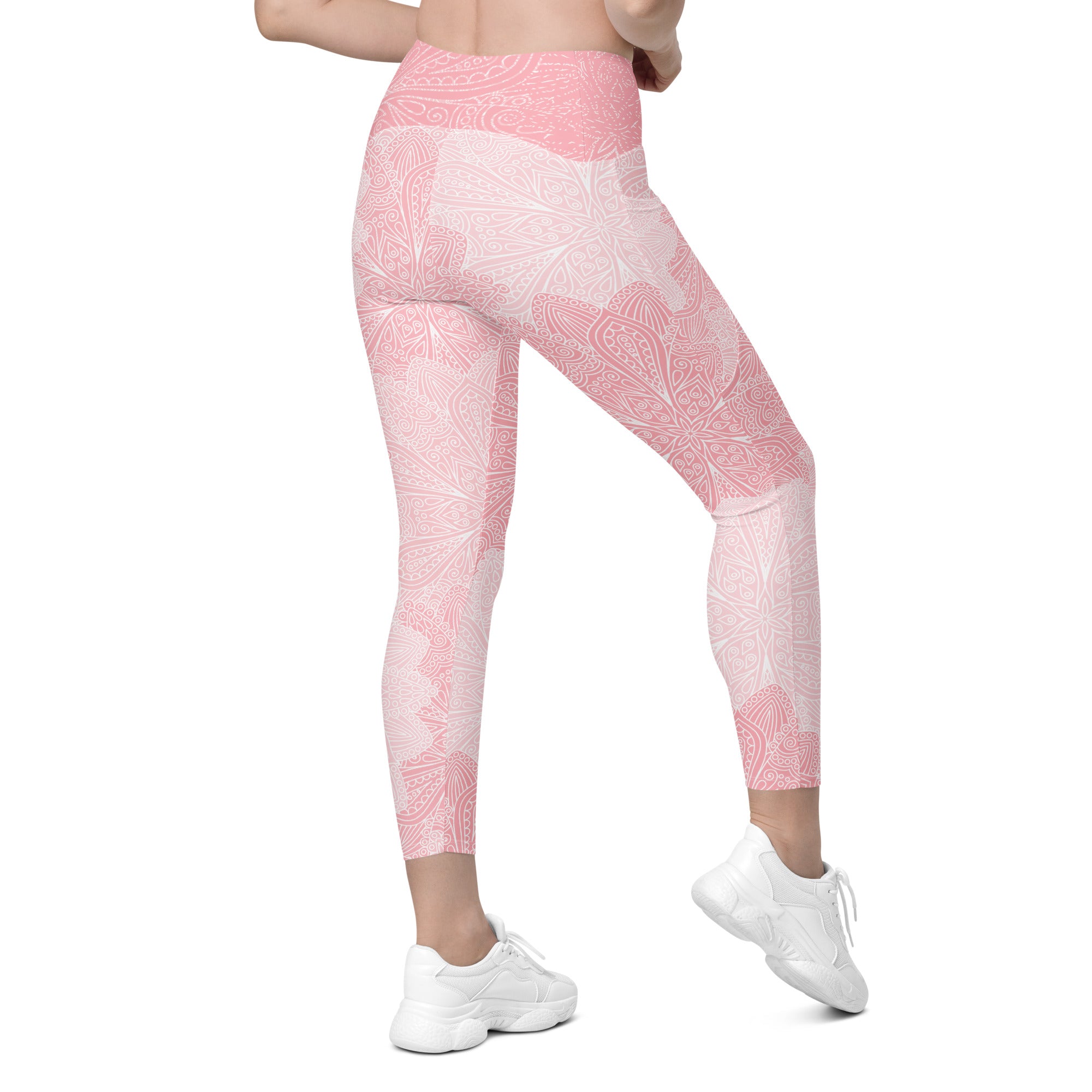 Pink and White Floral Crossover leggings with pockets