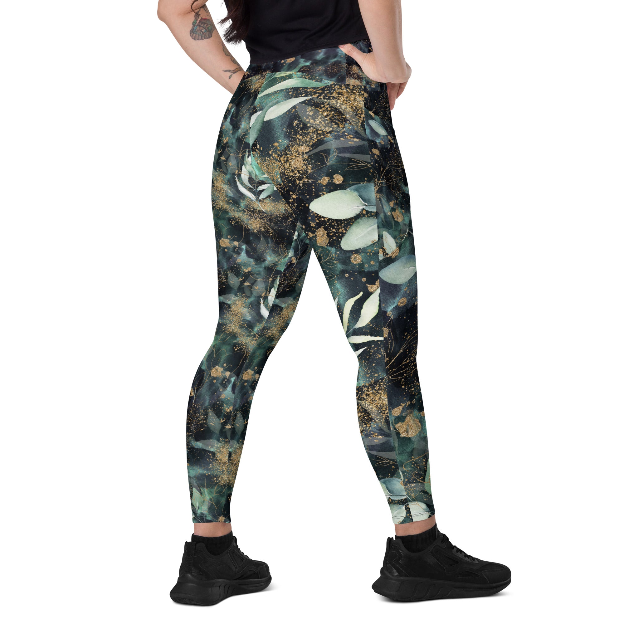 Turquoise Leaves Gold Spatters Crossover leggings with pockets