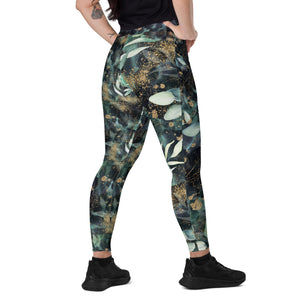 Turquoise Leaves Gold Spatters Crossover leggings with pockets