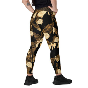 Black and Gold Butterflies Crossover leggings with pockets