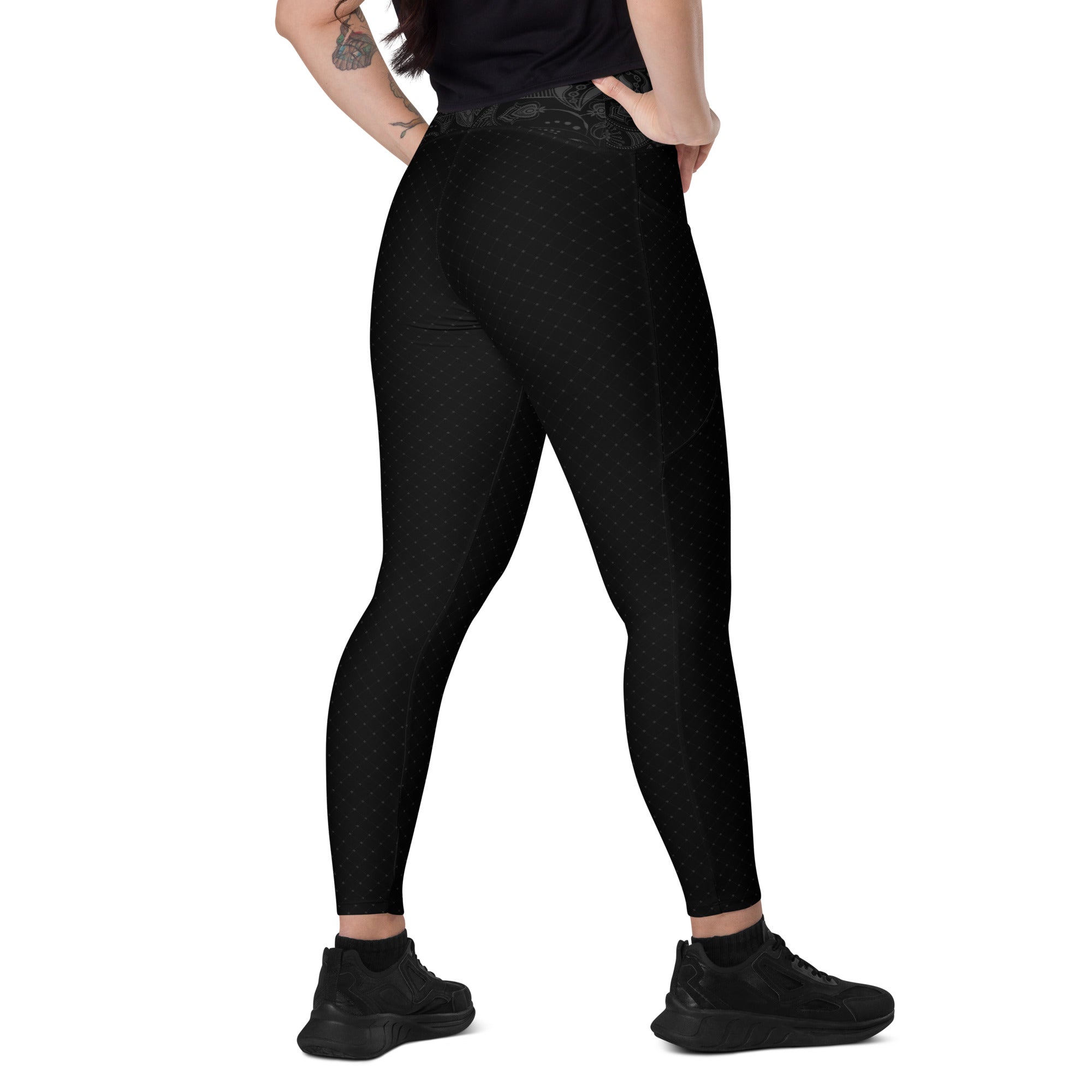 Black and Gray Fleur Crossover leggings with pockets